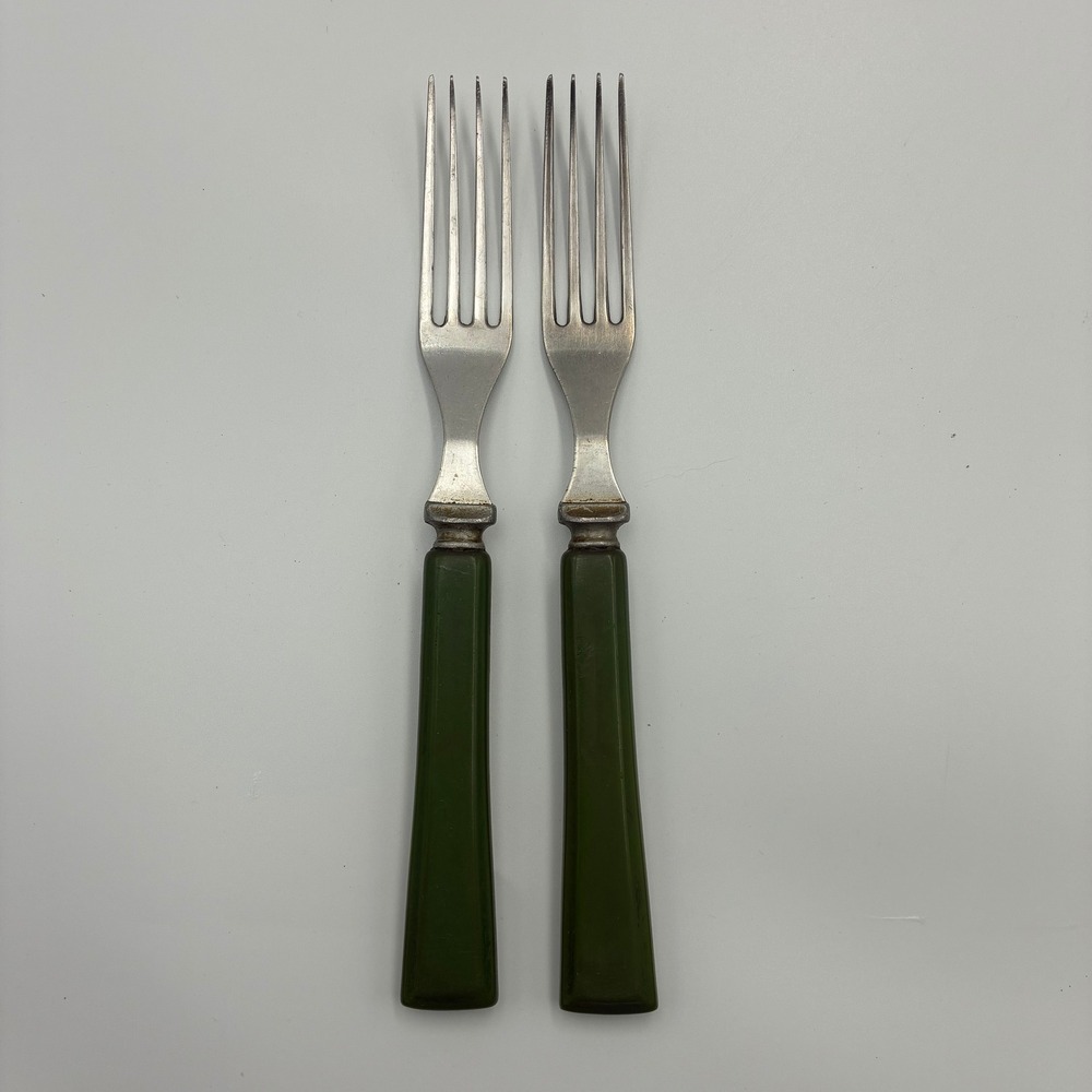 Vintage Bakelite Handle Dinner Forks Pair Stainless Steel Forest Green MCM 2pc